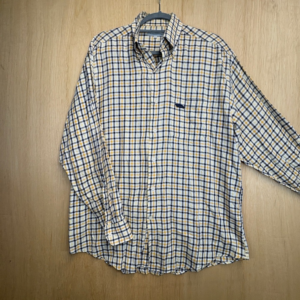 Alex Cannon Mens Large Long Sleeve Button Down Shirt Navy Yellow Plaid Check